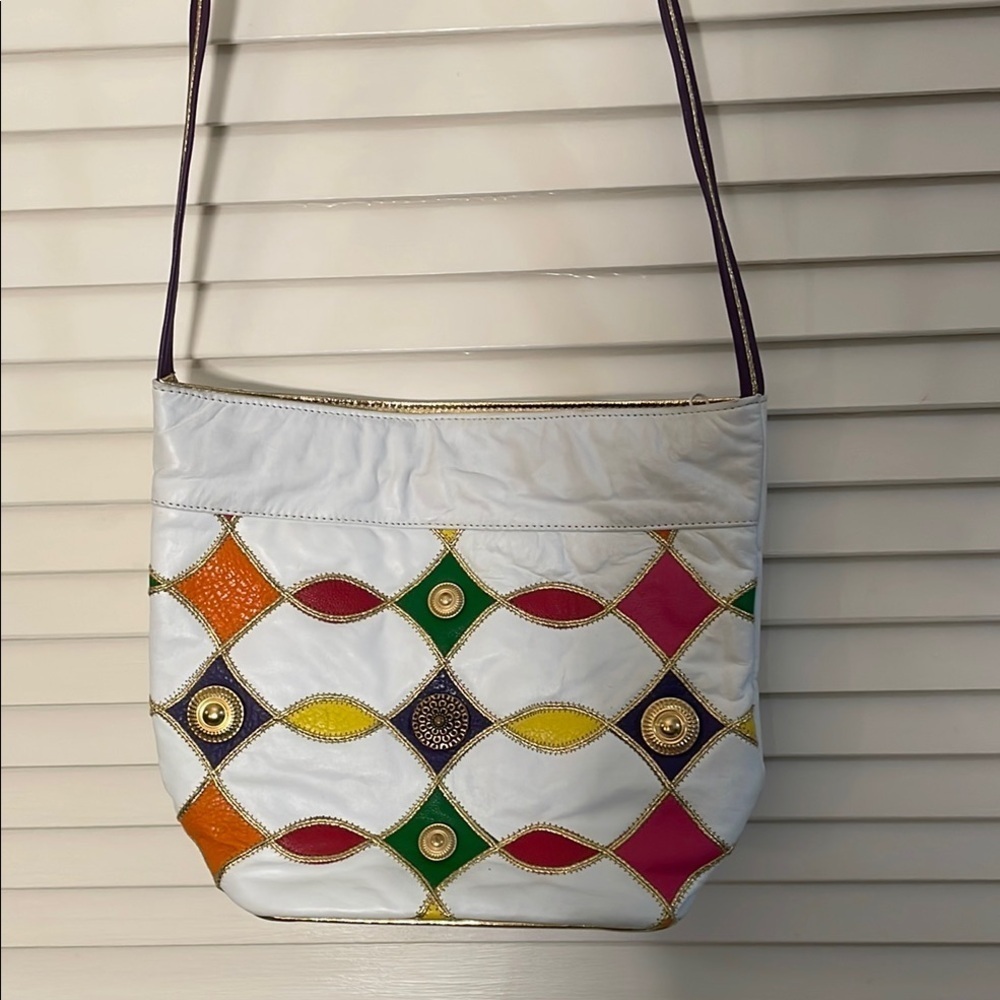 Genuine Leather Retro Vintage Multicolor Geometric Patterned Crossbody Bag
